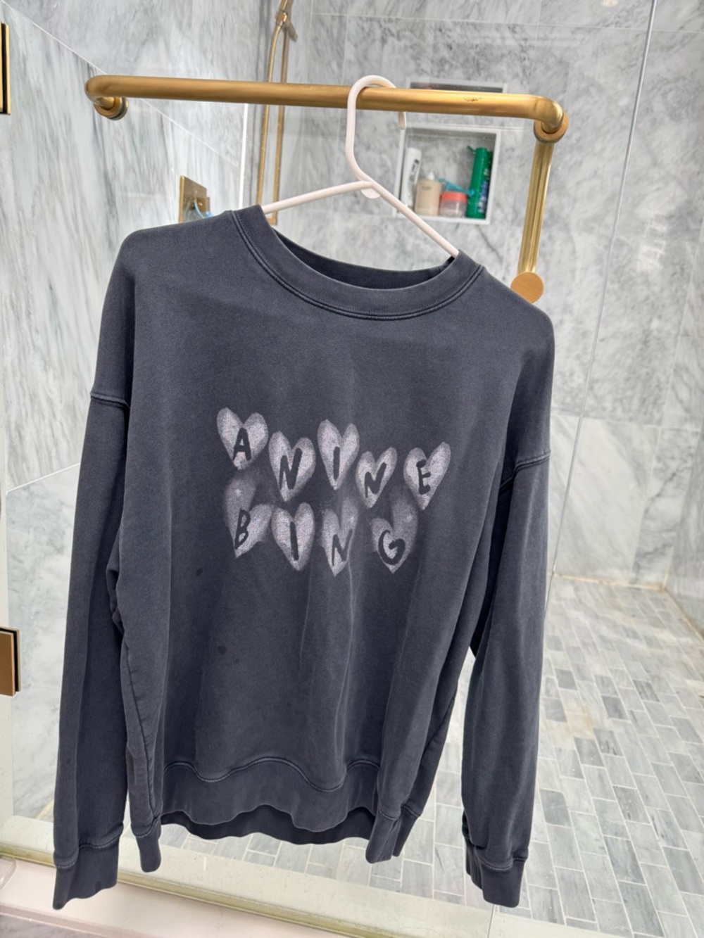 Anine Bing Grey Crewneck Sweatshirt with Faded White Heart Graphic